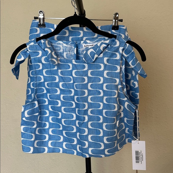 Reformation Farley 100% Linen pool side 2 pc set Blue White Patterned Skirt NWT - Picture 7 of 17